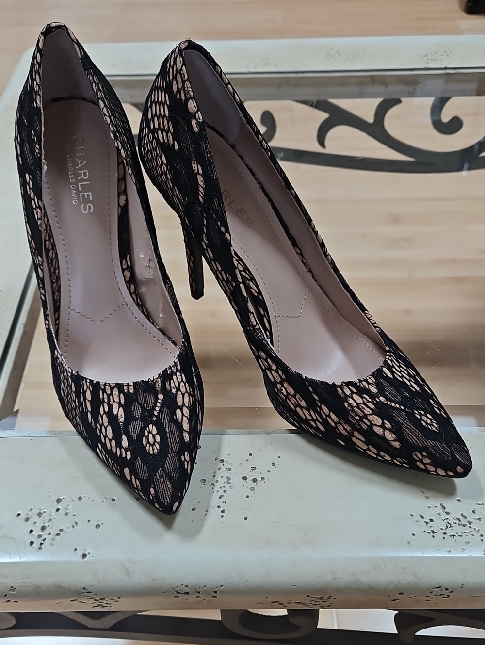 Charles by Charles David Black Lace and Nude Pointed-Toe Stilettos